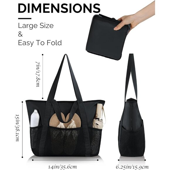 Women Black Beach Bag Large Waterproof Sandproof Foldable Tote With Zipper Mesh - Picture 3 of 7